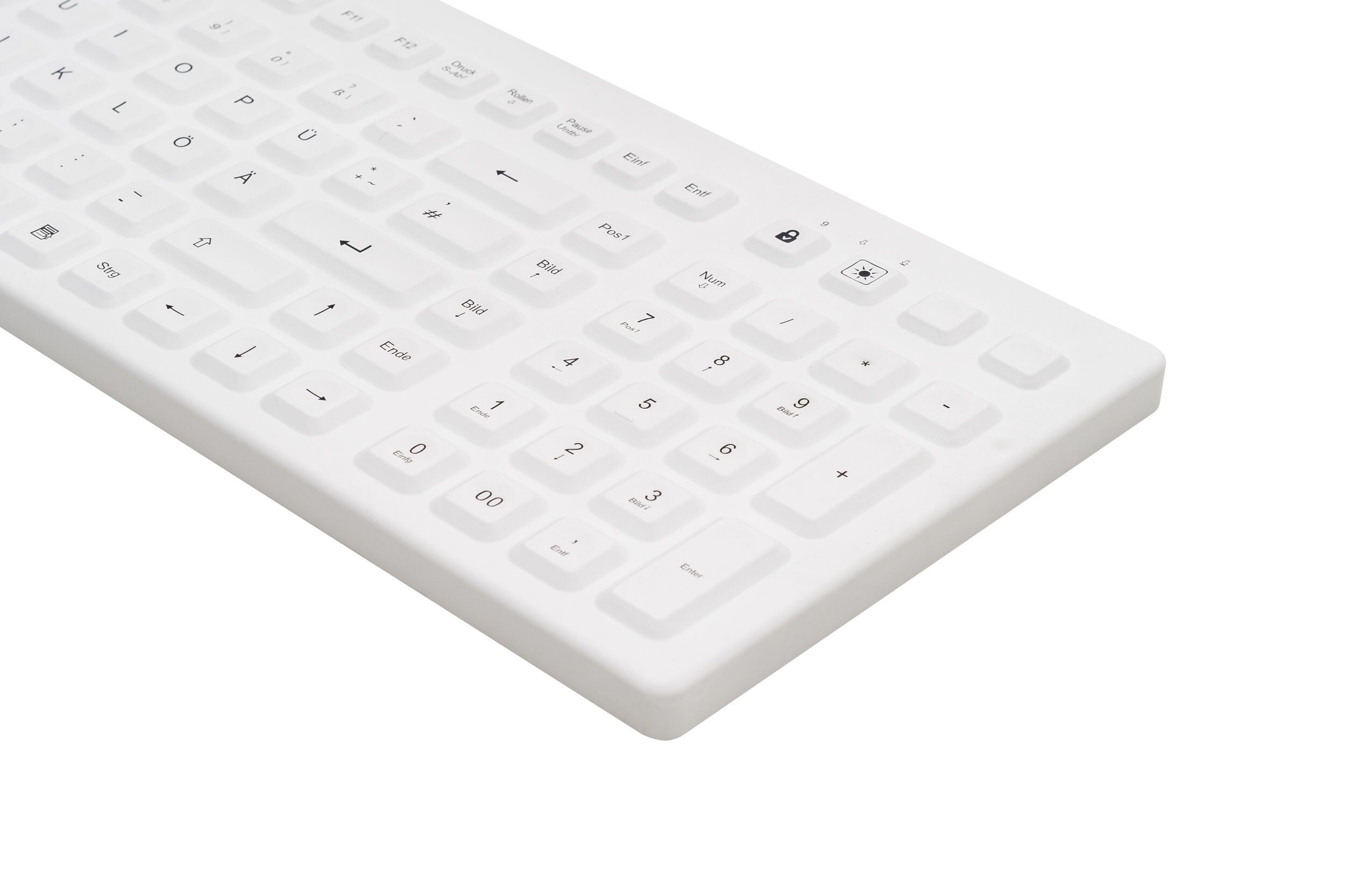 Cleantype Prime Pro+ – IP68 silicone keyboard white, side perspective view