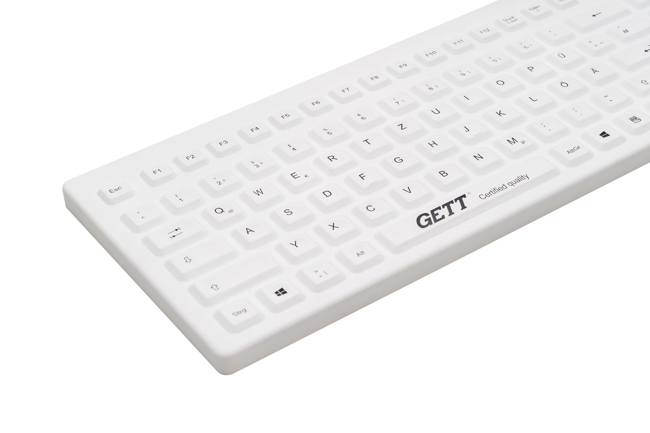 Cleantype Prime Pro+ – IP68 silicone keyboard white, angled top perspective view
